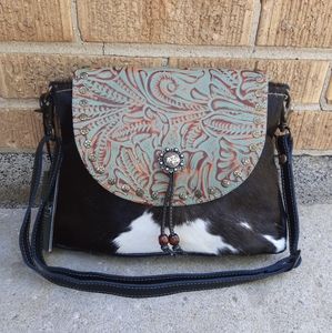 Myra Bag Turquoise Tooled Black White Cowhide Leather Flap Crossbody